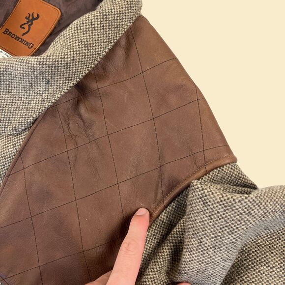 90s XL wool bomber jacket by Browning, vintage wool & leather zip up Canada-made - Picture 6 of 9